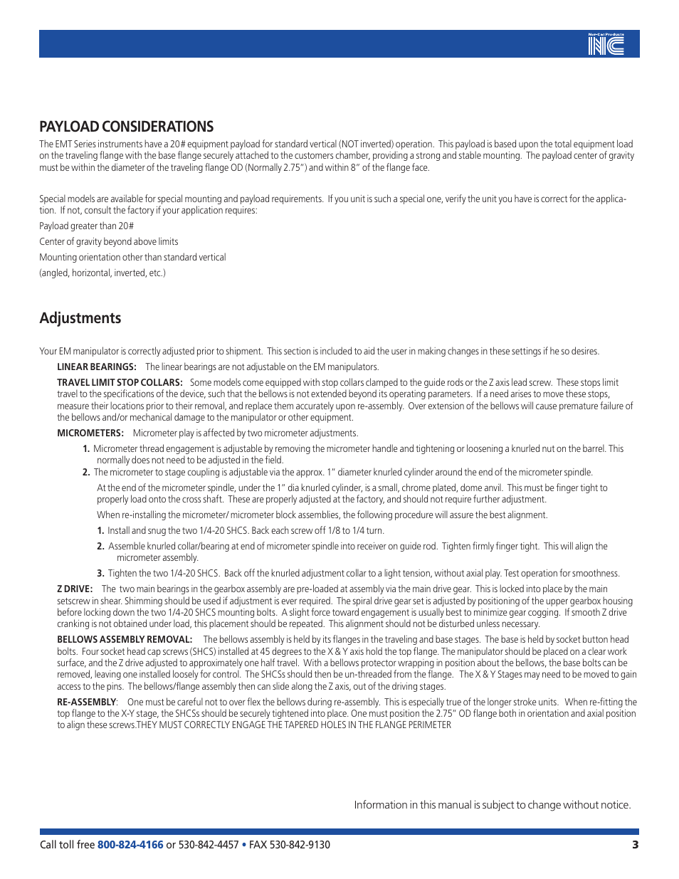 Payload considerations, Adjustments | Nor-Cal Precision Manipulators Version 1.5 User Manual | Page 3 / 7