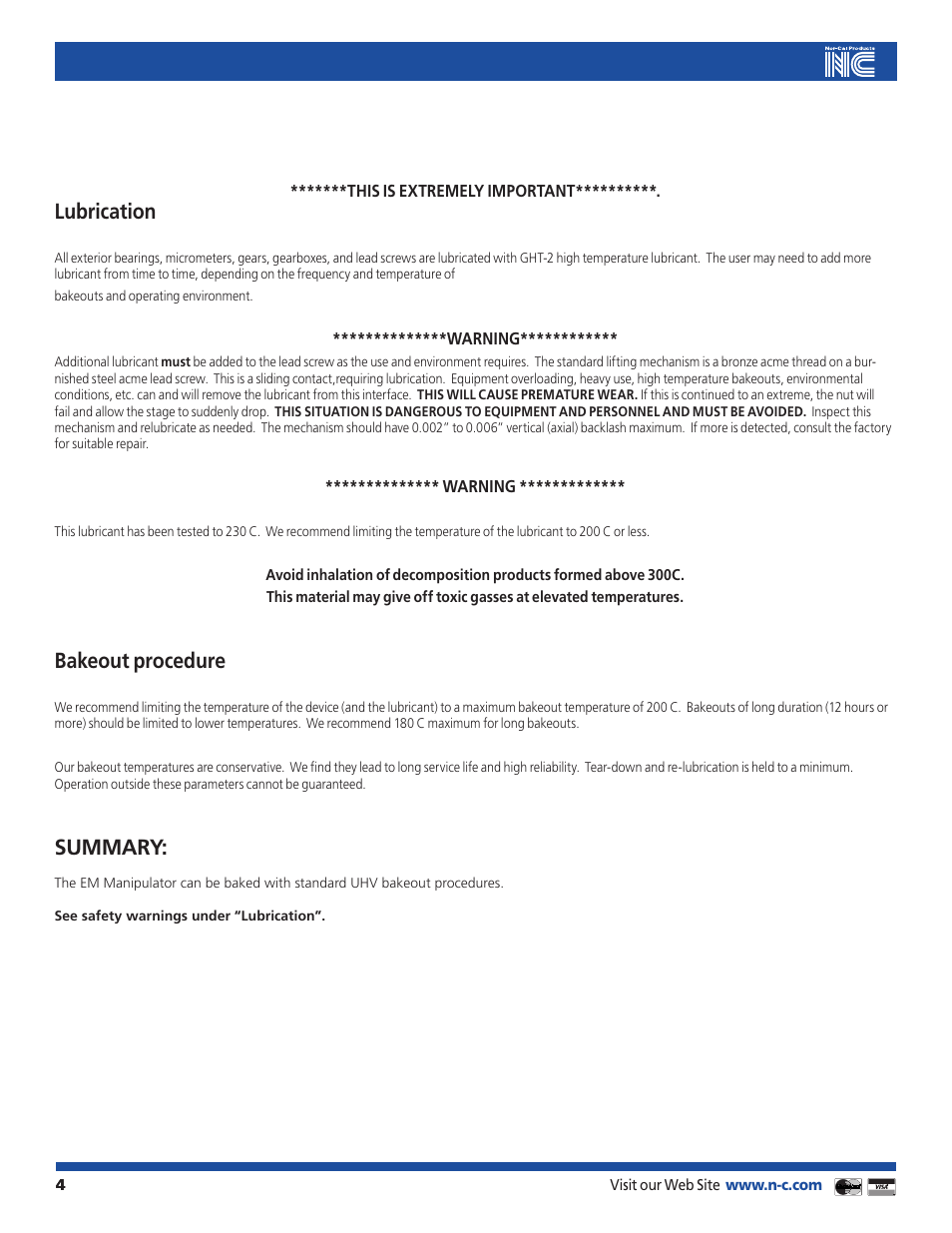 Lubrication, Bakeout procedure, Summary | Nor-Cal Precision Manipulators Version 1.5 User Manual | Page 4 / 7
