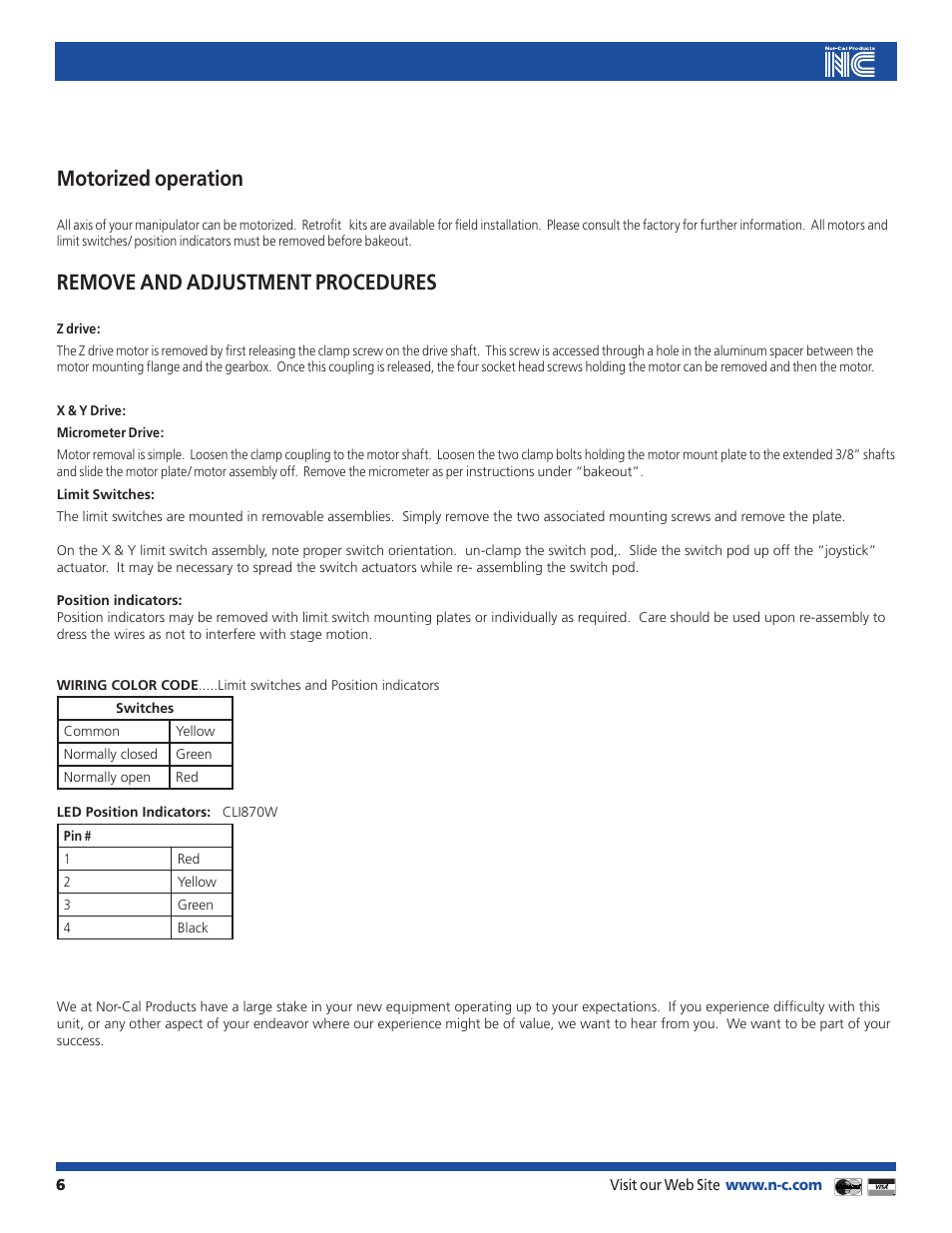 Motorized operation, Remove and adjustment procedures | Nor-Cal Precision Manipulators Version 1.5 User Manual | Page 6 / 7