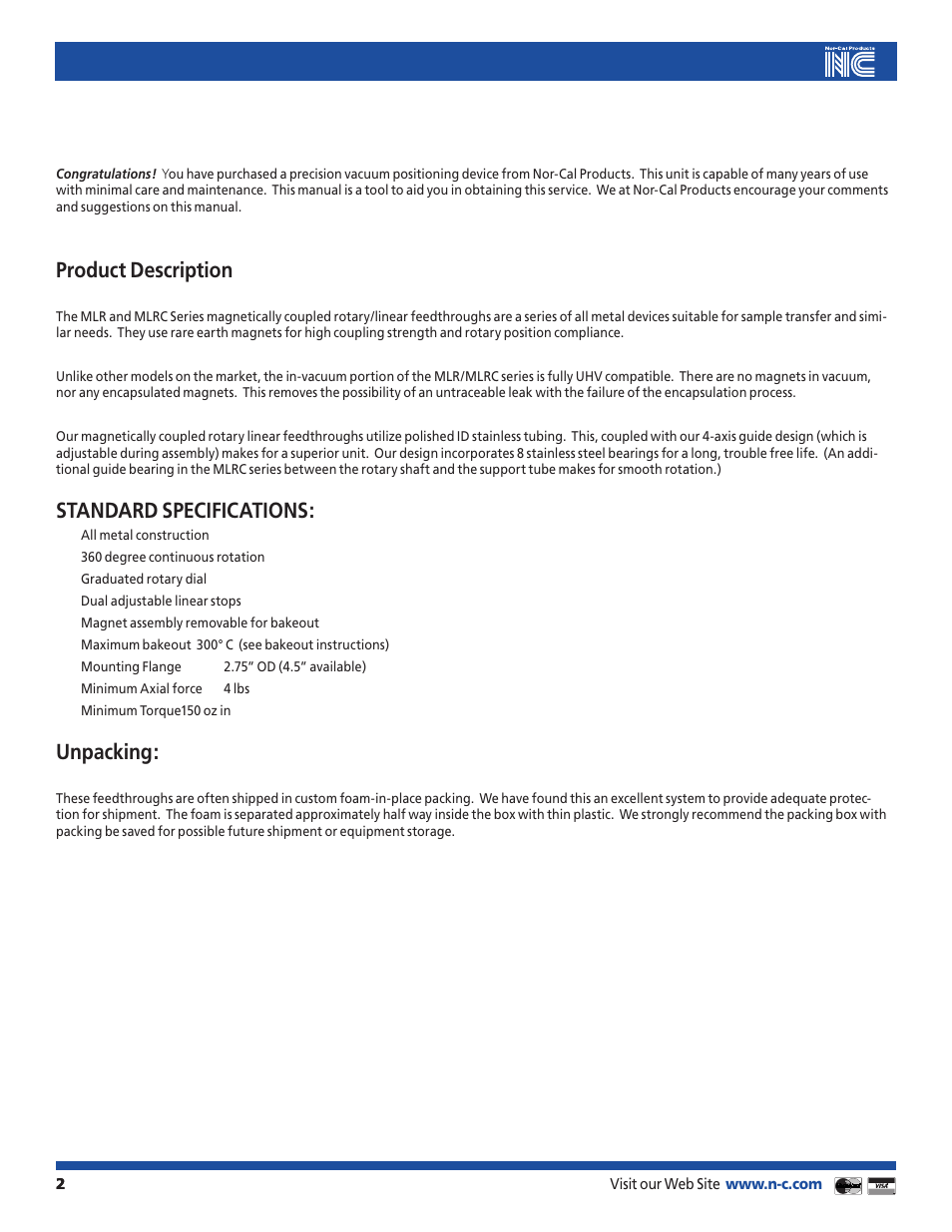 Product description, Standard specifications, Unpacking | Nor-Cal MLR-MLRC Series User Manual | Page 2 / 5