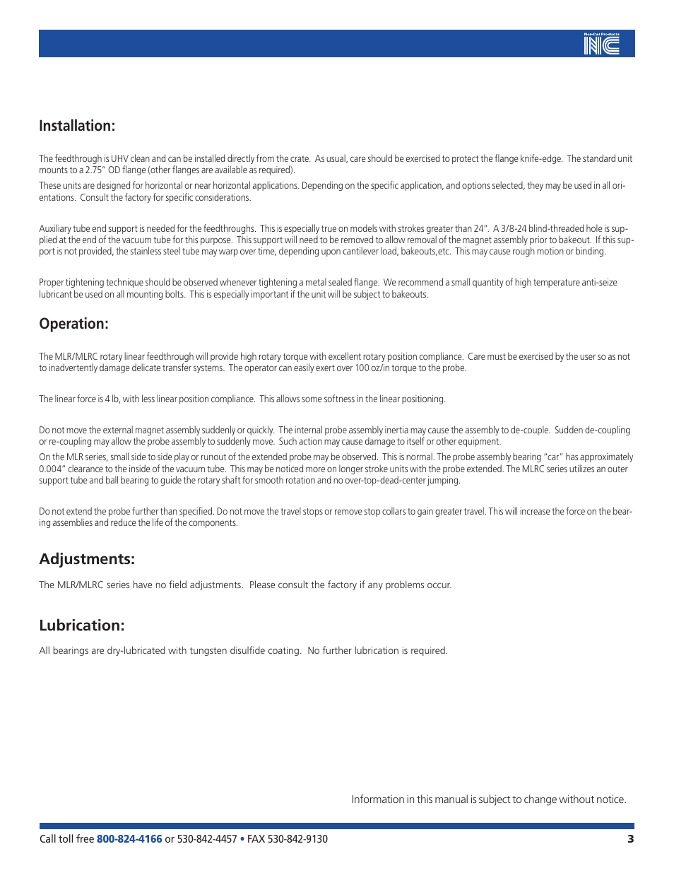 Installation, Operation, Adjustments | Lubrication | Nor-Cal MLR-MLRC Series User Manual | Page 3 / 5