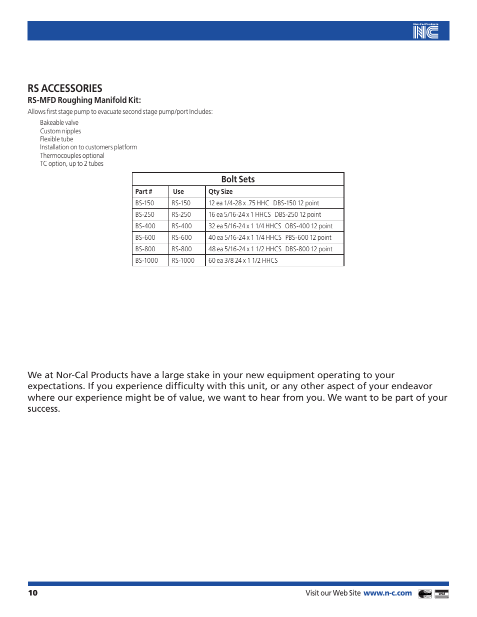 Rs accessories, Bolt sets | Nor-Cal RS Series Differentially Pumped Rotary Platforms User Manual | Page 10 / 11