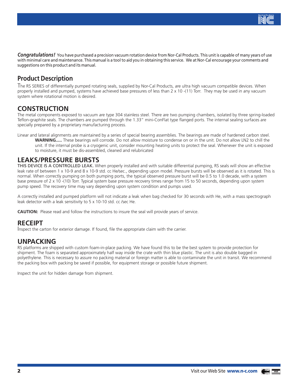 Product description, Construction, Leaks/pressure bursts | Receipt, Unpacking | Nor-Cal RS Series Differentially Pumped Rotary Platforms User Manual | Page 2 / 11