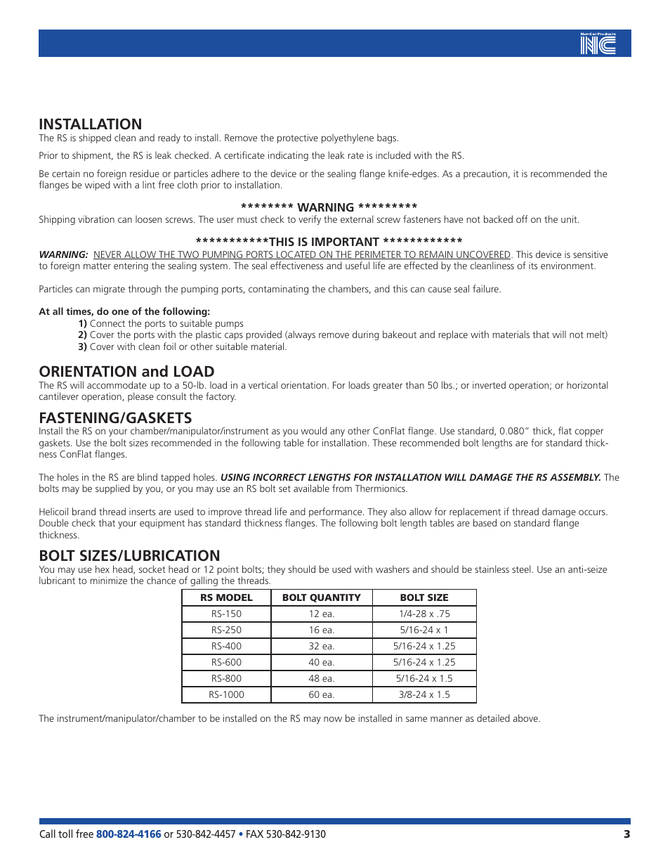 Installation, Orientation and load, Fastening/gaskets | Bolt sizes/lubrication | Nor-Cal RS Series Differentially Pumped Rotary Platforms User Manual | Page 3 / 11