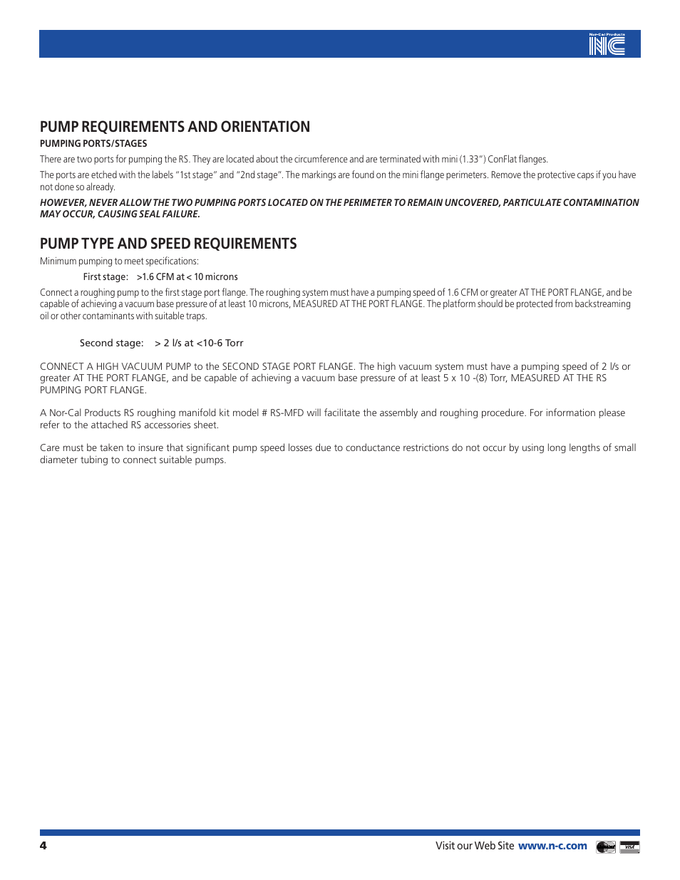 Pump requirements and orientation, Pump type and speed requirements | Nor-Cal RS Series Differentially Pumped Rotary Platforms User Manual | Page 4 / 11