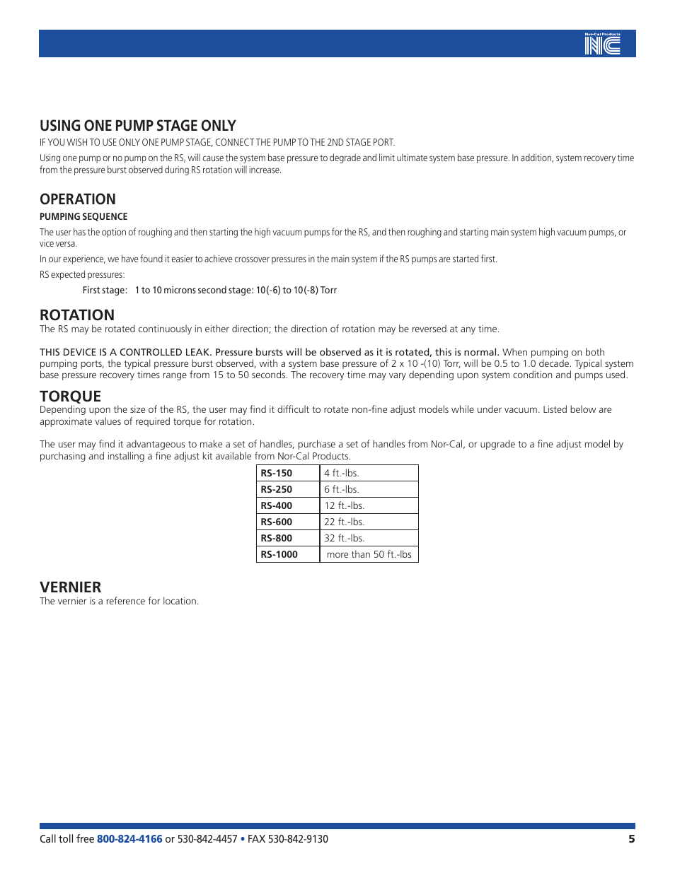 Using one pump stage only, Operation, Rotation | Torque, Vernier | Nor-Cal RS Series Differentially Pumped Rotary Platforms User Manual | Page 5 / 11