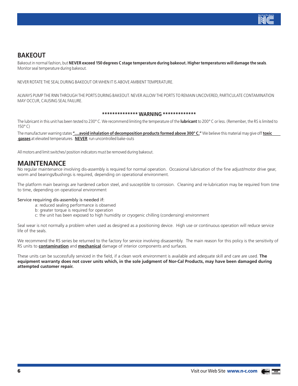 Bakeout, Maintenance | Nor-Cal RS Series Differentially Pumped Rotary Platforms User Manual | Page 6 / 11