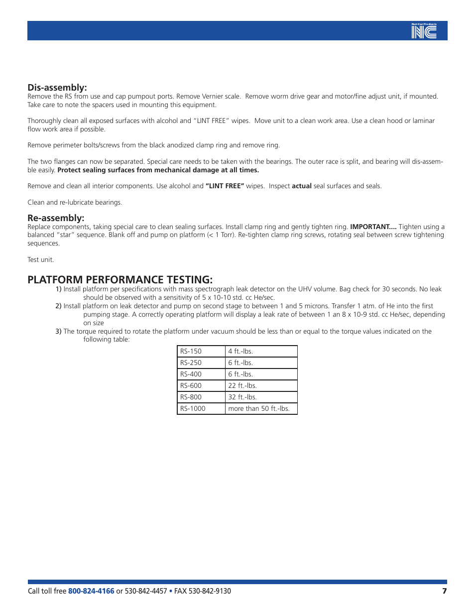 Platform performance testing, Dis-assembly, Re-assembly | Nor-Cal RS Series Differentially Pumped Rotary Platforms User Manual | Page 7 / 11