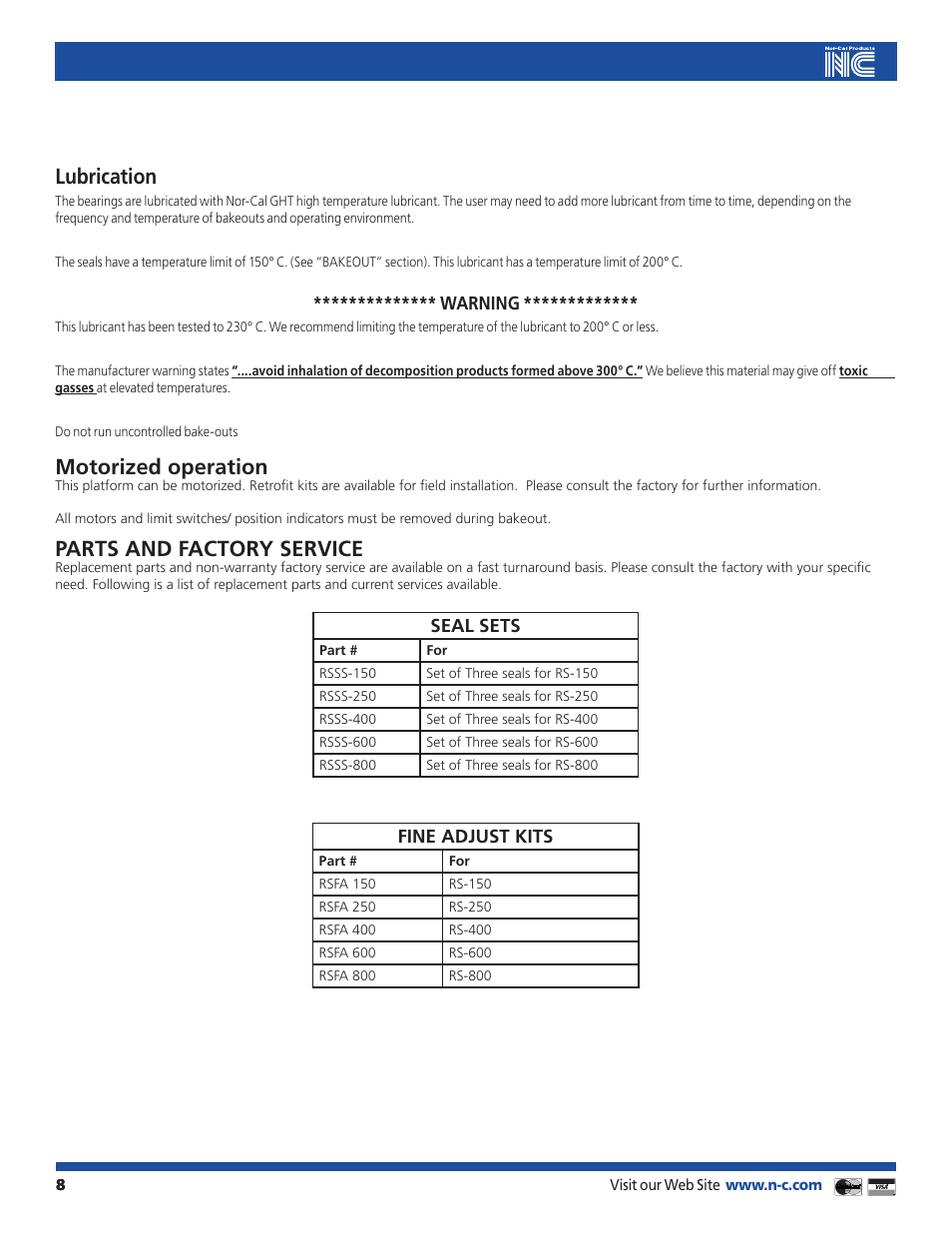 Lubrication, Motorized operation, Parts and factory service | Nor-Cal RS Series Differentially Pumped Rotary Platforms User Manual | Page 8 / 11