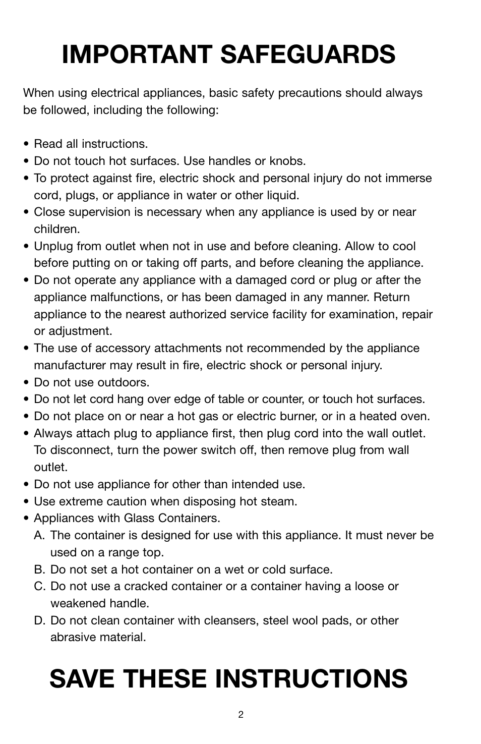 Important safeguards, Save these instructions | Capresso 4C1210 User Manual | Page 2 / 11