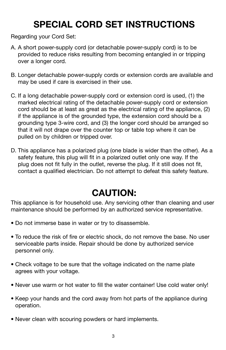 Special cord set instructions, Caution | Capresso 4C1210 User Manual | Page 3 / 11