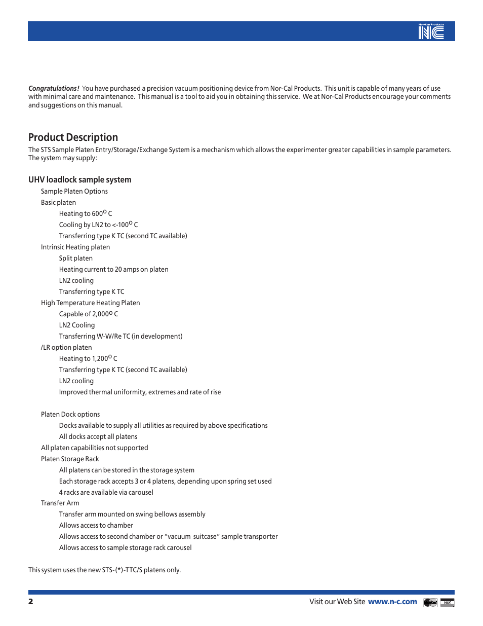 Product description | Nor-Cal STS-TTC Sample Platen User Manual | Page 2 / 5