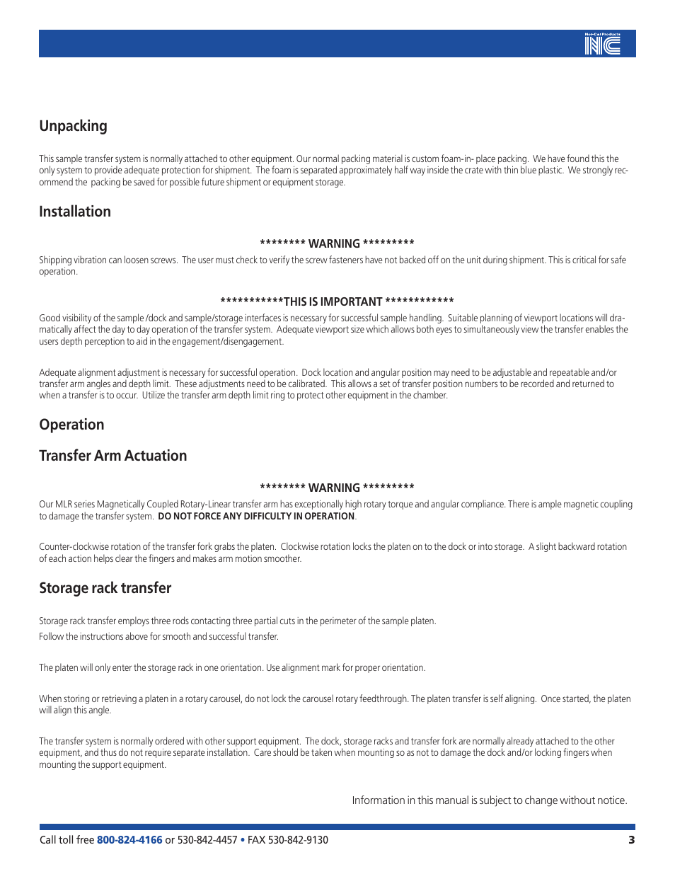 Unpacking, Installation, Operation transfer arm actuation | Storage rack transfer | Nor-Cal STS-TTC Sample Platen User Manual | Page 3 / 5