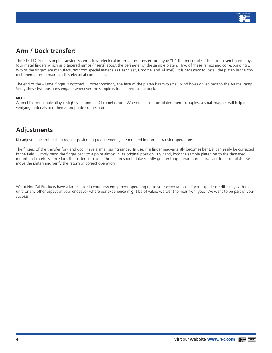 Arm / dock transfer, Adjustments | Nor-Cal STS-TTC Sample Platen User Manual | Page 4 / 5