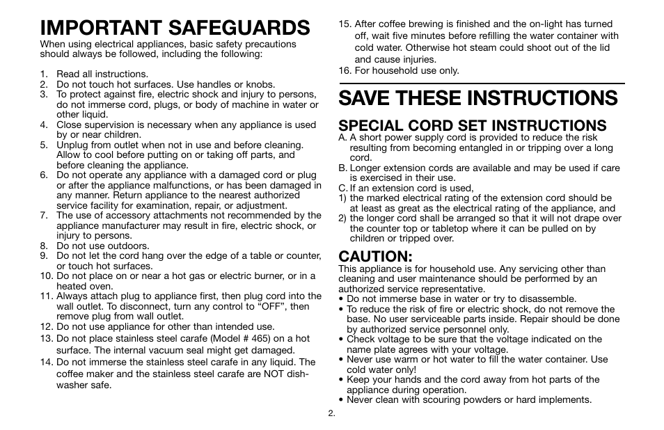 Important safeguards, Save these instructions, Special cord set instructions | Caution | Capresso CoffeeTEAM TS 465 User Manual | Page 2 / 15