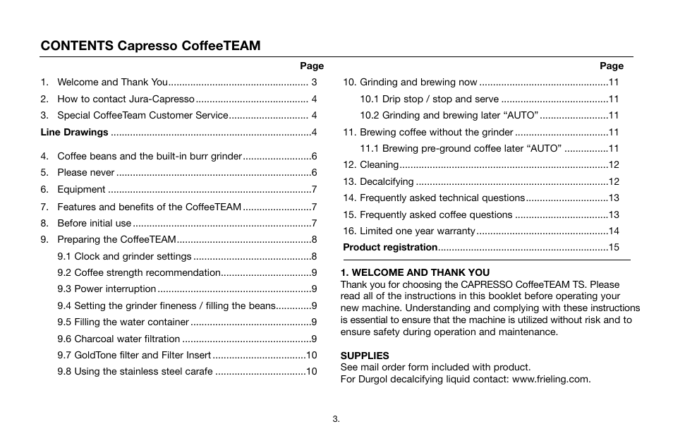 Contents capresso coffeeteam | Capresso CoffeeTEAM TS 465 User Manual | Page 3 / 15