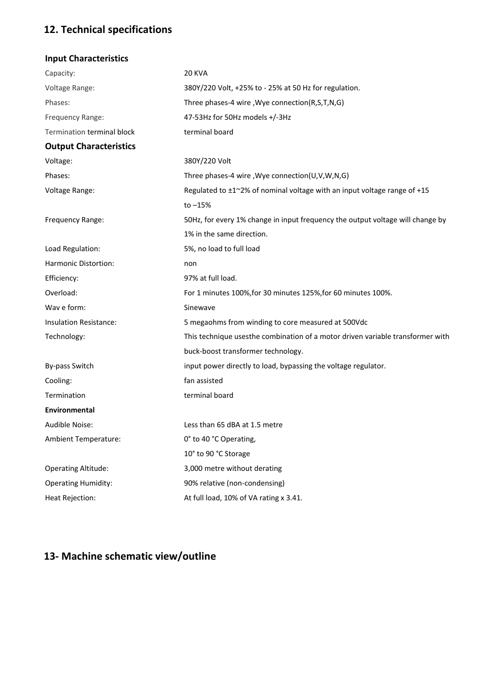 Technical specifications, 13‐ machine schematic view/outline | OPTI-UPS SS20K33 User Manual | Page 12 / 21