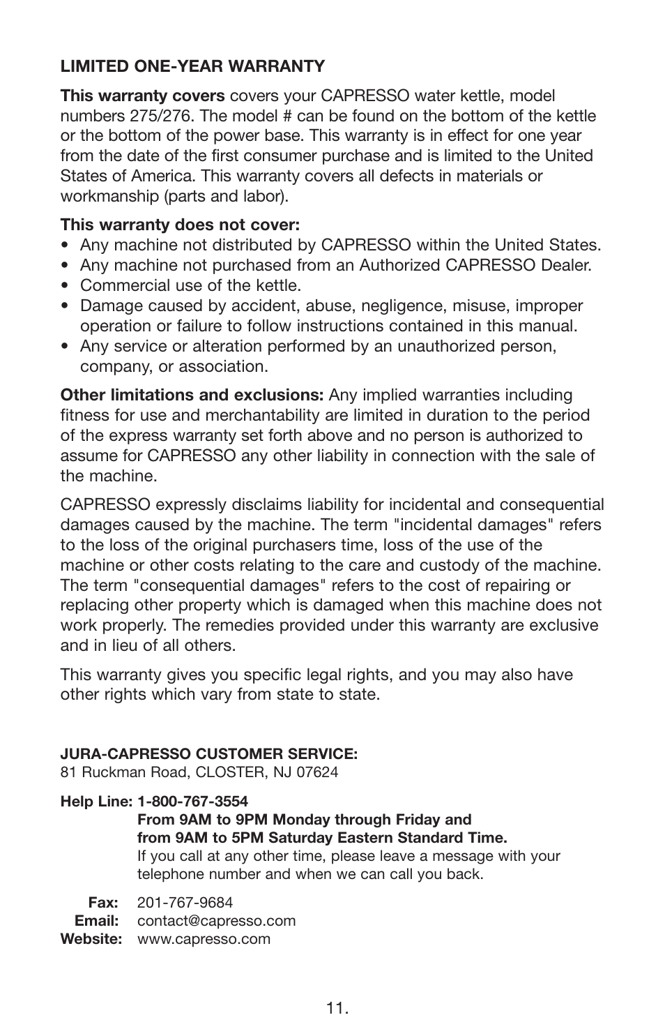 Capresso H2O PRO 275 User Manual | Page 11 / 11