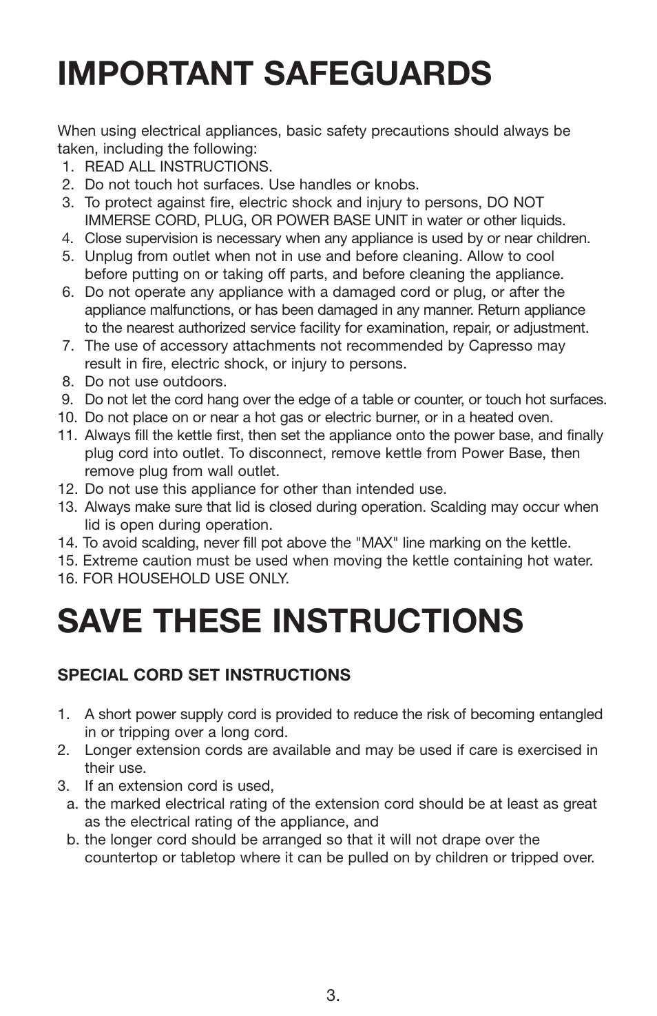 Important safeguards, Save these instructions | Capresso H2O PRO 275 User Manual | Page 3 / 11