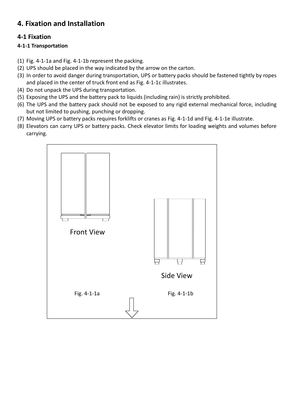 Fixation and installation, 1 fixation, 1-1 transportation | Side view front view | OPTI-UPS DS200KC33II User Manual | Page 13 / 34