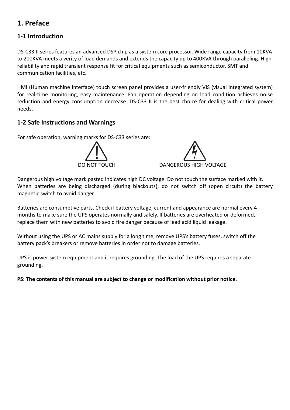Preface, 1 introduction, 2 safe instructions and warnings | 1 introduction 1-2 safe instructions and warnings | OPTI-UPS DS200KC33II User Manual | Page 3 / 34