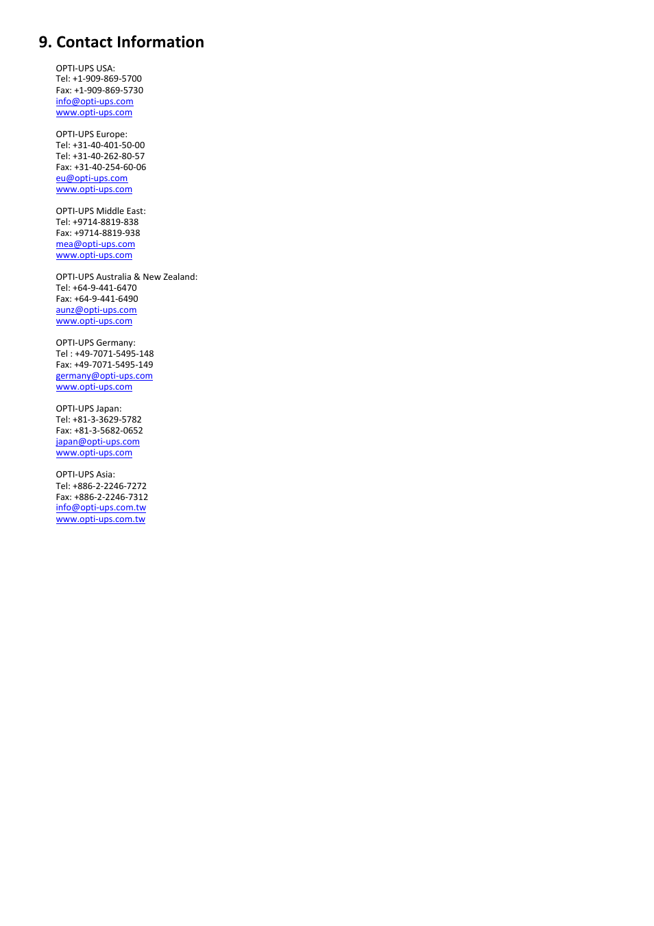 Contact information | OPTI-UPS DS200KC33II User Manual | Page 34 / 34