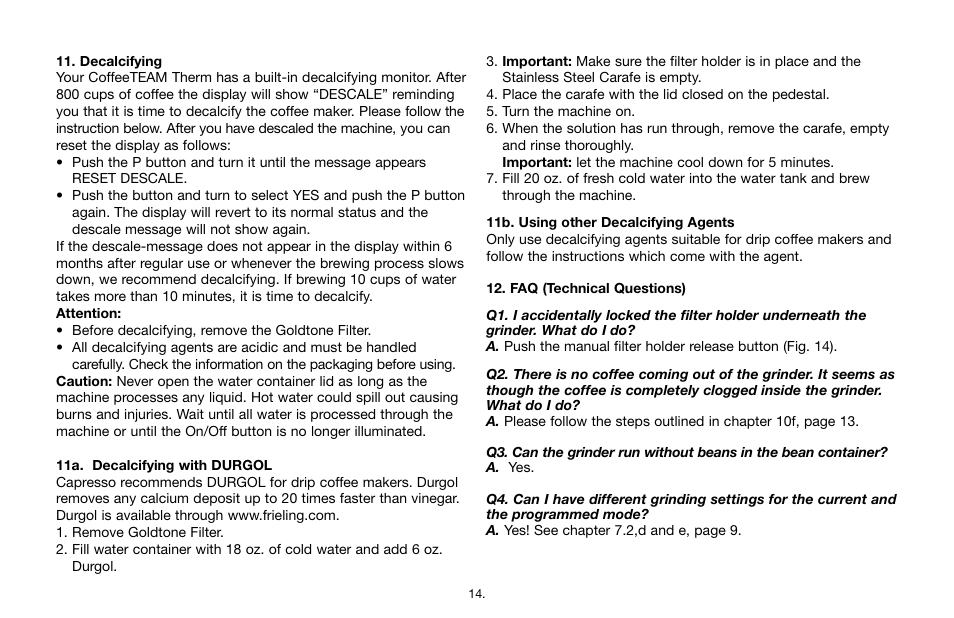 Capresso CoffeeTEAMTherm Model #455 User Manual | Page 14 / 16