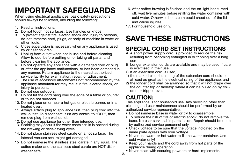 Important safeguards, Save these instructions, Special cord set instructions | Caution | Capresso CoffeeTEAMTherm Model #455 User Manual | Page 2 / 16