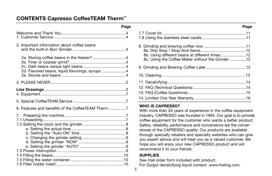 Contents capresso coffeeteam therm | Capresso CoffeeTEAMTherm Model #455 User Manual | Page 3 / 16