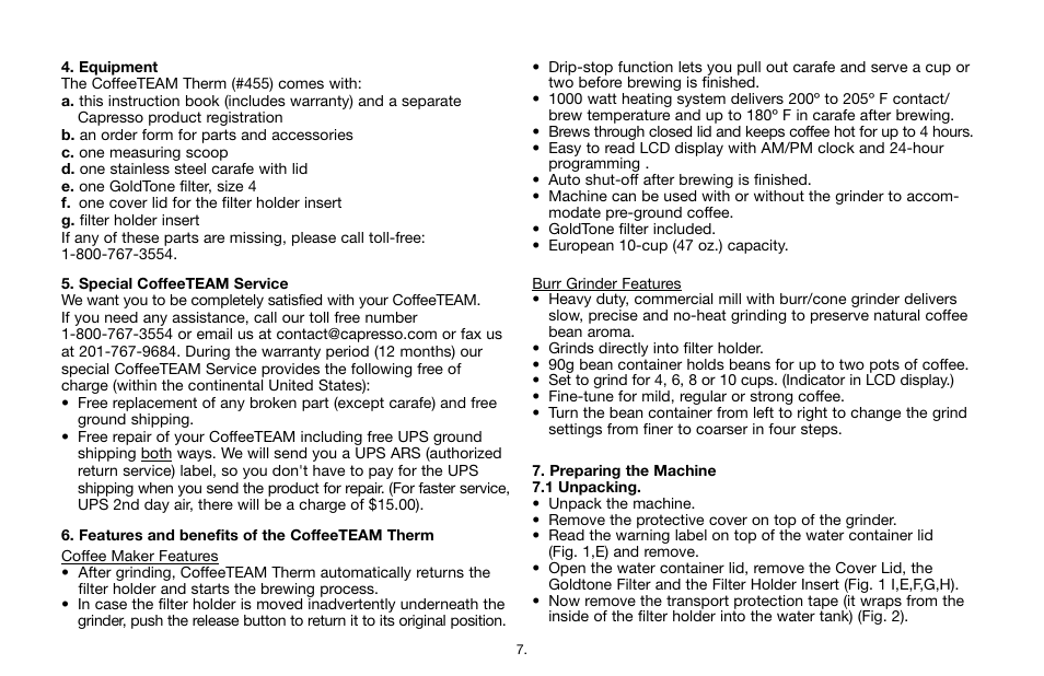 Capresso CoffeeTEAMTherm Model #455 User Manual | Page 7 / 16