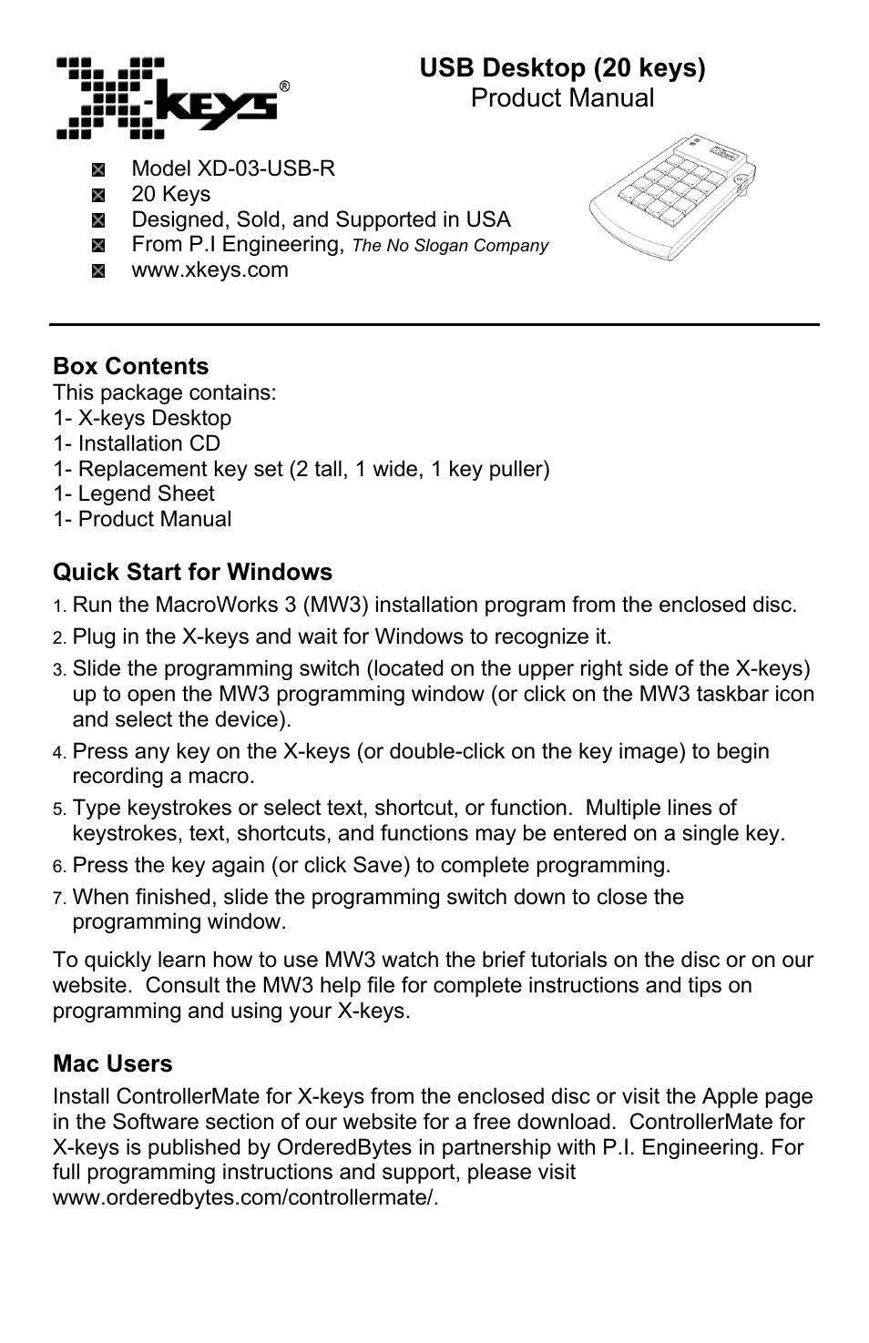 P.I. Engineering X-keys Desktop USB User Manual | 4 pages