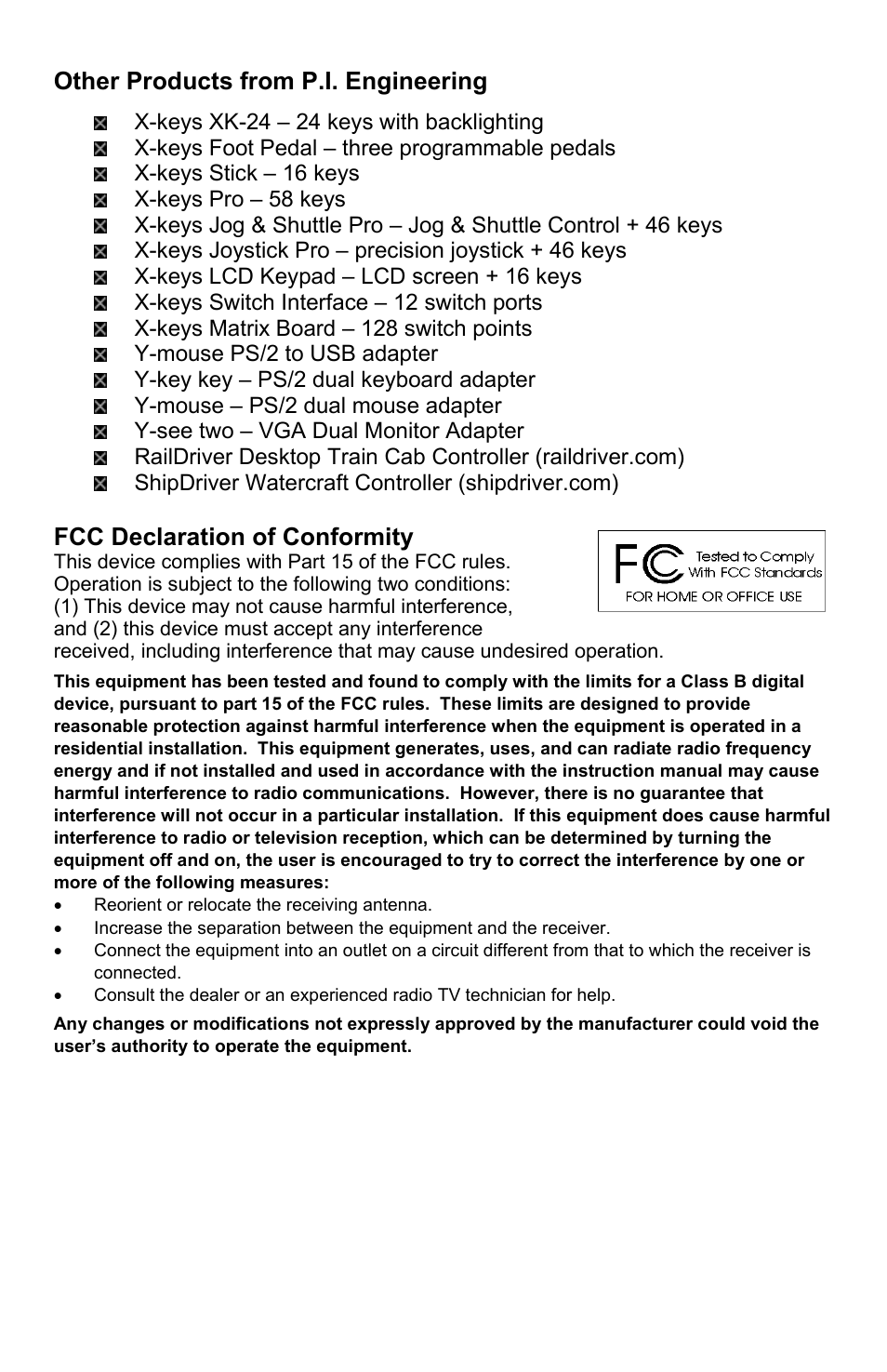 Other products from p.i. engineering, Fcc declaration of conformity | P.I. Engineering X-keys Desktop USB User Manual | Page 3 / 4