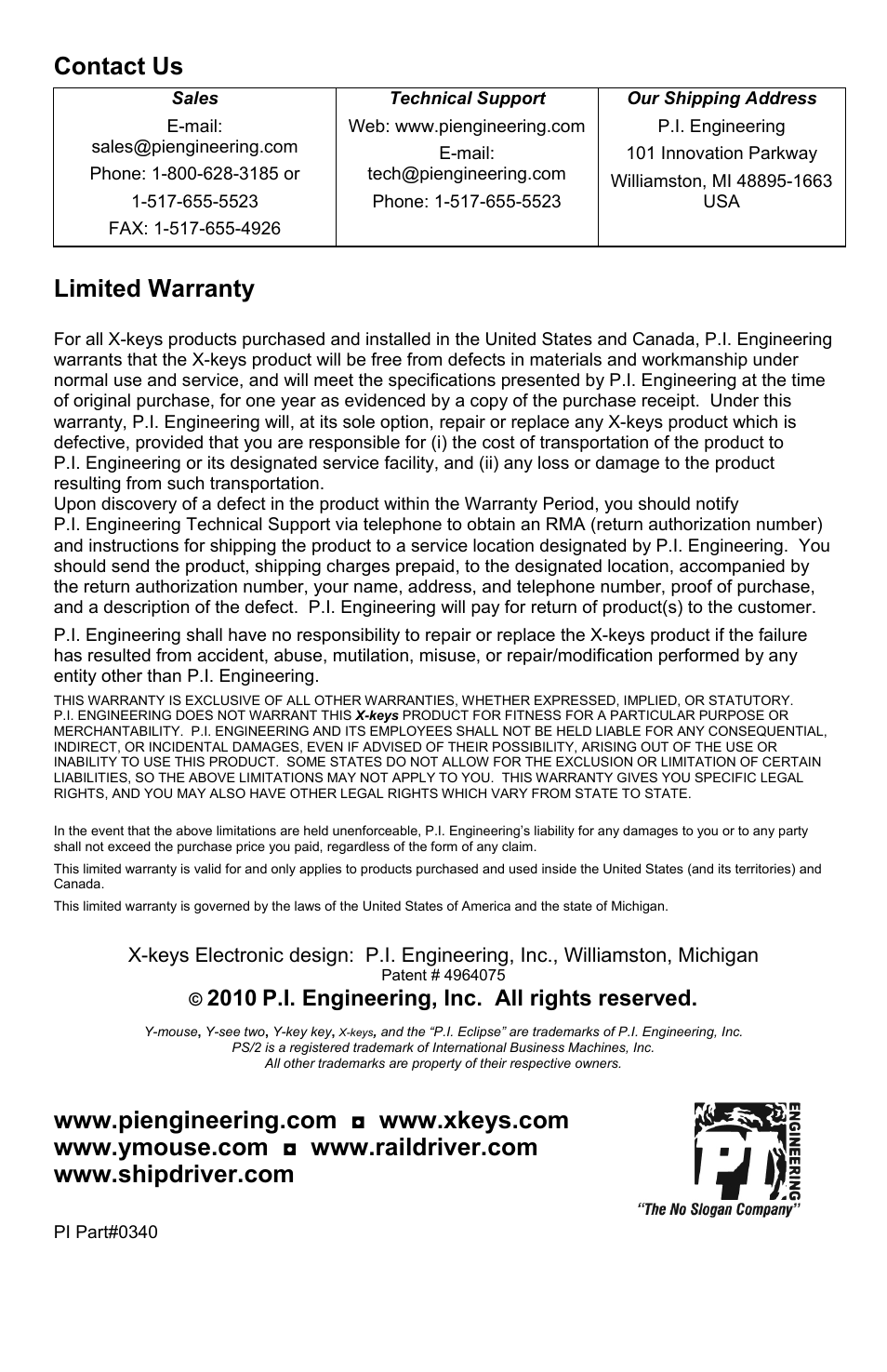 Contact us, Limited warranty, P.i. engineering, inc. all rights reserved | P.I. Engineering X-keys Desktop USB User Manual | Page 4 / 4