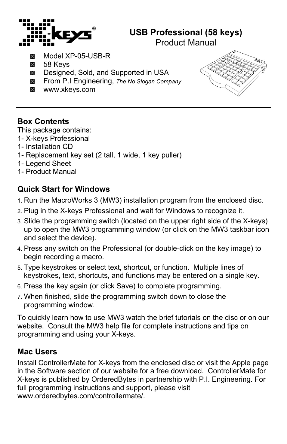 P.I. Engineering X-keys USB Professional User Manual | 4 pages