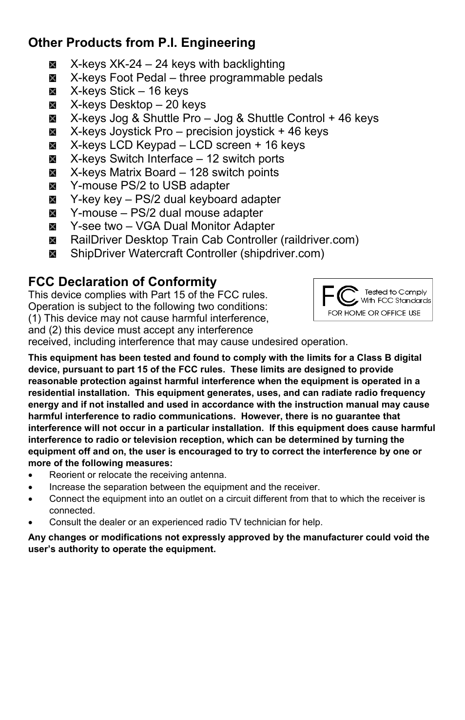 Other products from p.i. engineering, Fcc declaration of conformity | P.I. Engineering X-keys USB Professional User Manual | Page 3 / 4