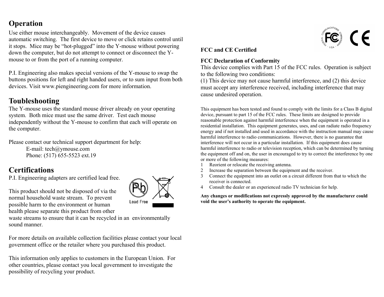 Operation, Toubleshooting, Certifications | P.I. Engineering Dual Mouse Adapter User Manual | Page 2 / 2