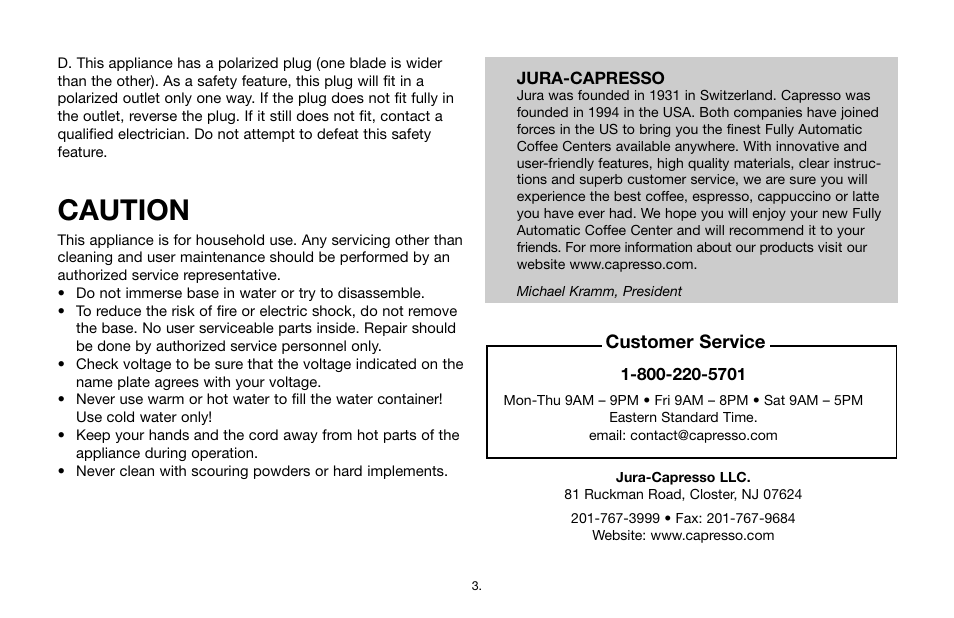 Caution, Customer service | Capresso Impressa F7 User Manual | Page 3 / 24