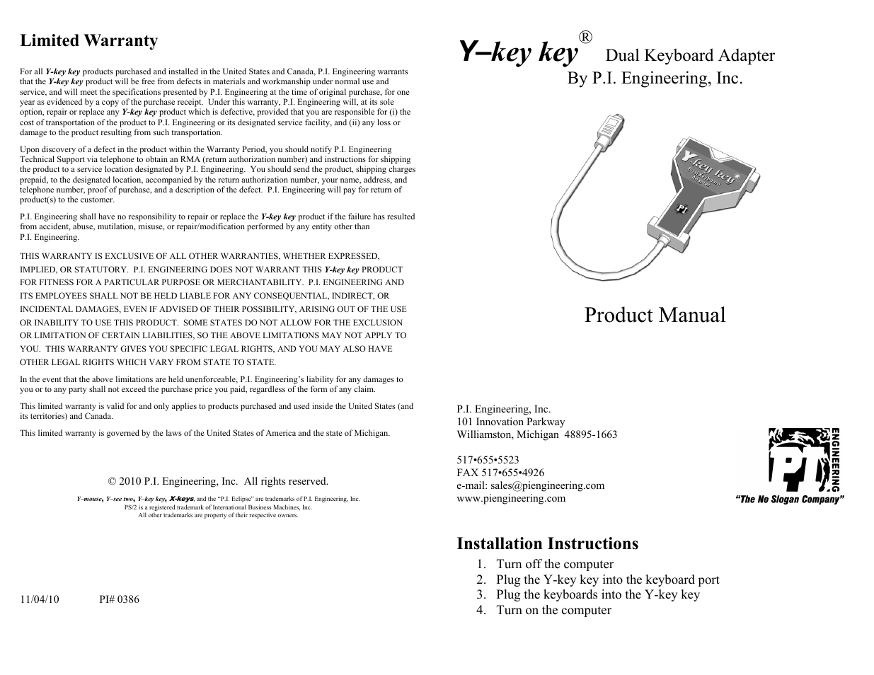 P.I. Engineering Dual Keyboard Adapter User Manual | 2 pages