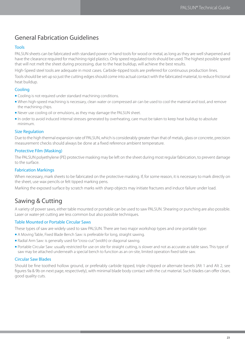 General fabrication guidelines, Sawing & cutting | Palram PALSU User Manual | Page 23 / 42