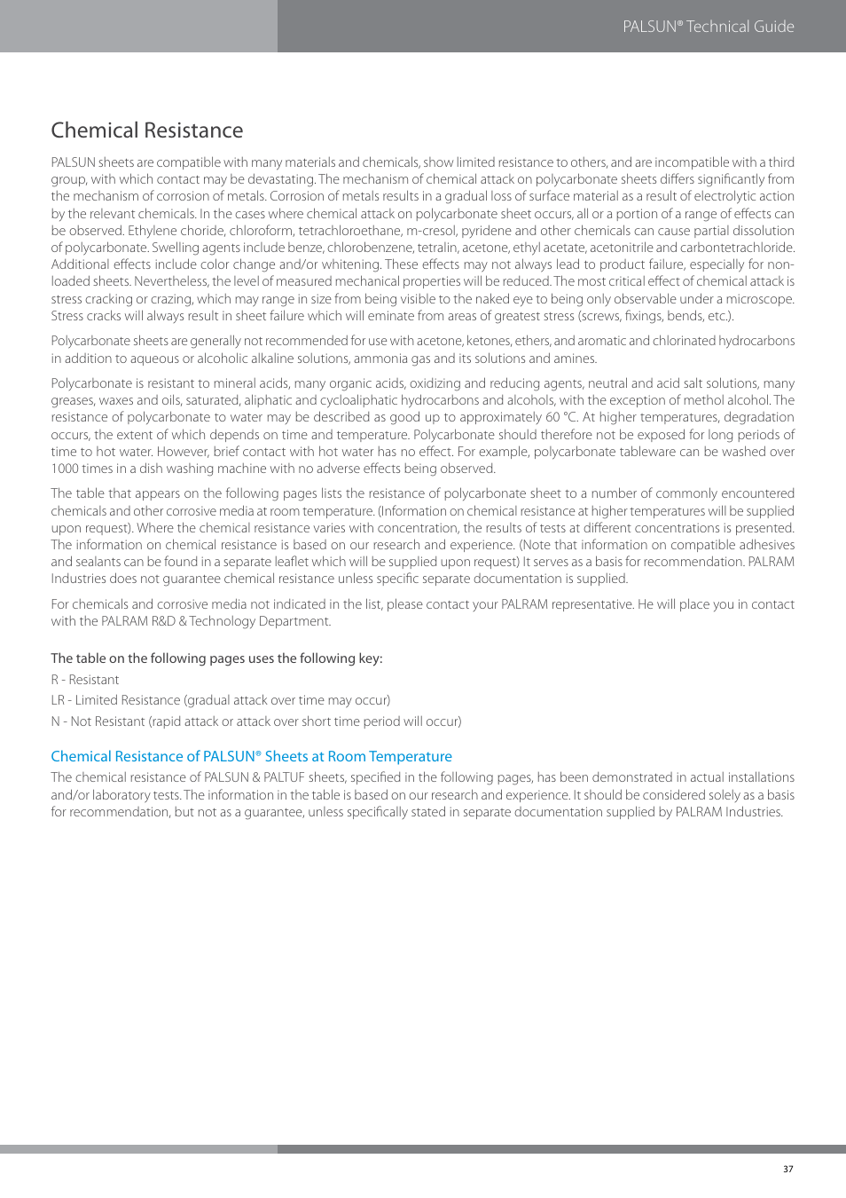 Chemical resistance | Palram PALSU User Manual | Page 37 / 42