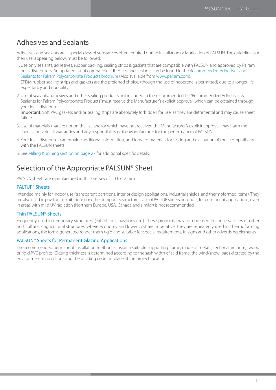 Adhesives and sealants, Selection of the appropriate palsun® sheet | Palram PALSU User Manual | Page 41 / 42