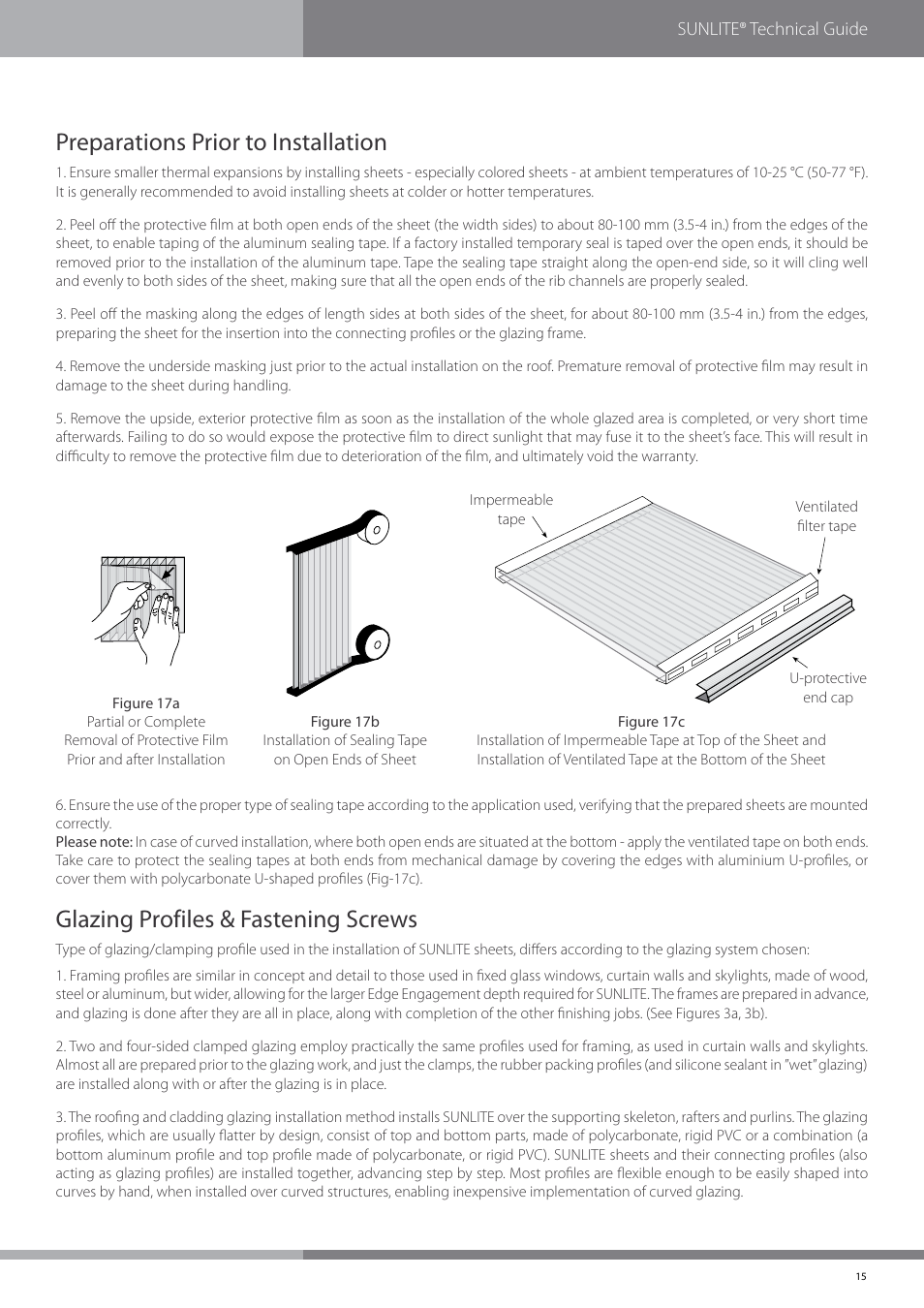 Preparations prior to installation, Glazing profiles & fastening screws | Palram SUNLIT User Manual | Page 17 / 22