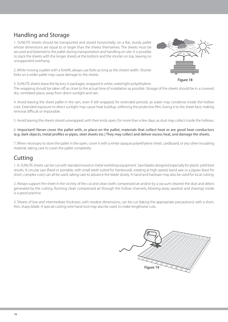 Handling and storage, Cutting | Palram SUNLIT User Manual | Page 18 / 22
