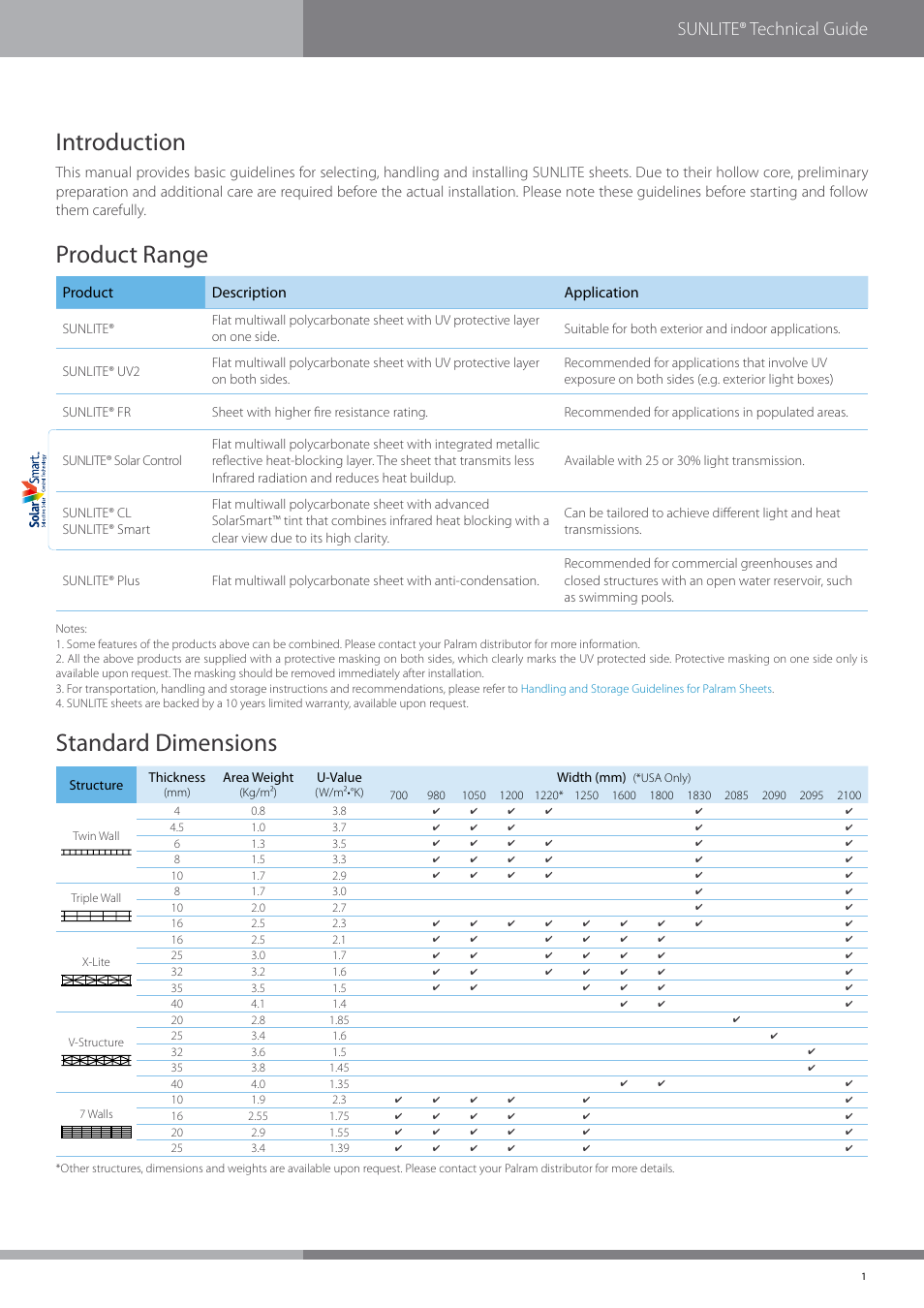 Introduction, Product range, Standard dimensions | Sunlite® technical guide, Product description application | Palram SUNLIT User Manual | Page 3 / 22