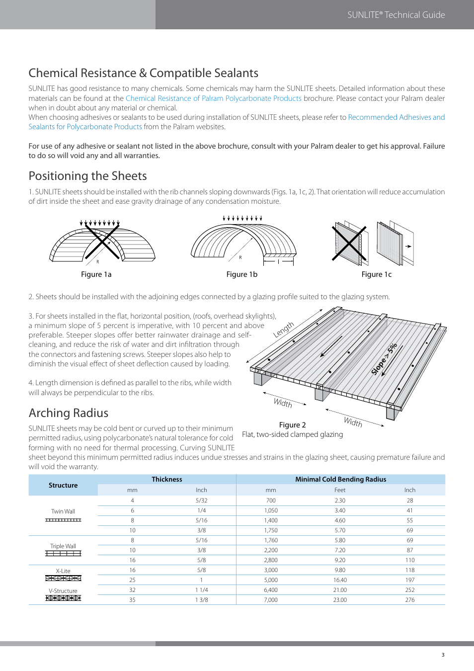 Chemical resistance & compatible sealants, Positioning the sheets, Arching radius | Sunlite® technical guide | Palram SUNLIT User Manual | Page 5 / 22