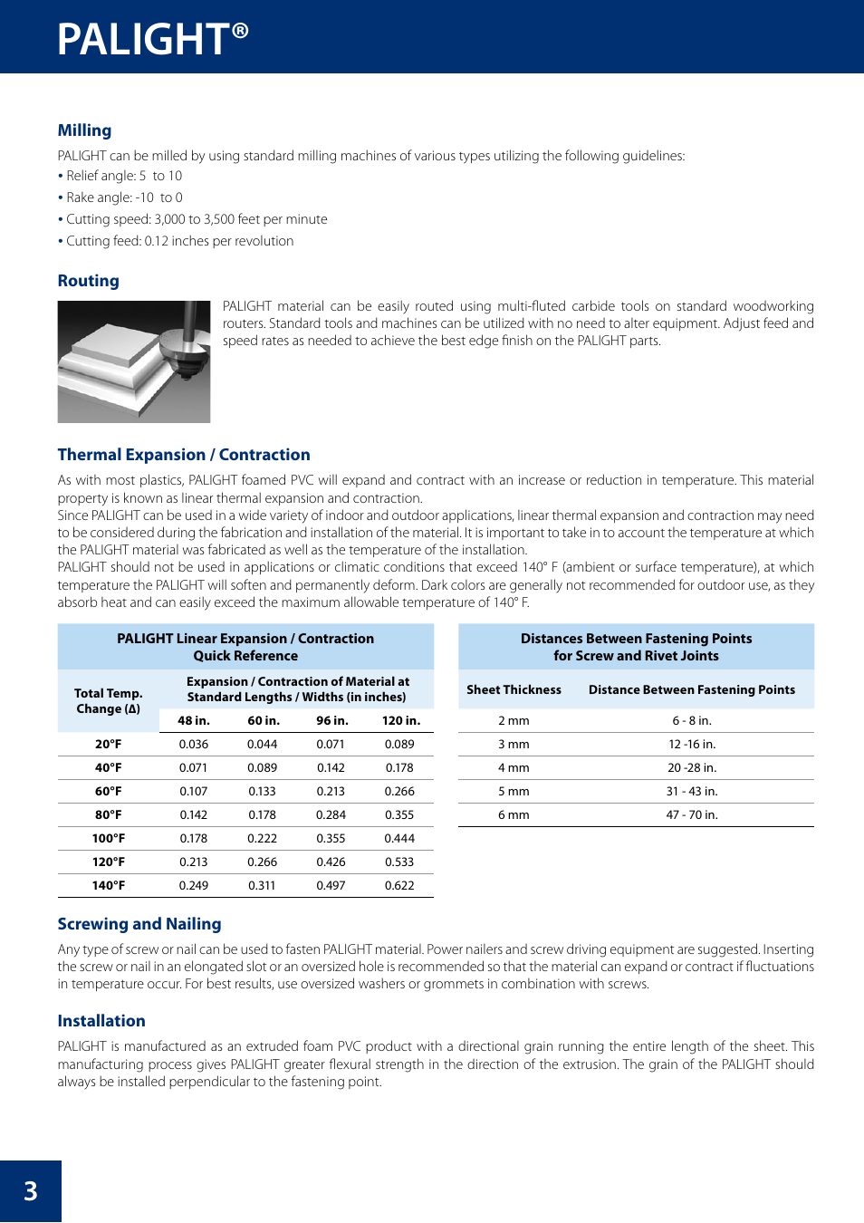 Palight, Milling, Routing | Thermal expansion / contraction, Screwing and nailing, Installation | Palram PALFOA User Manual | Page 4 / 16