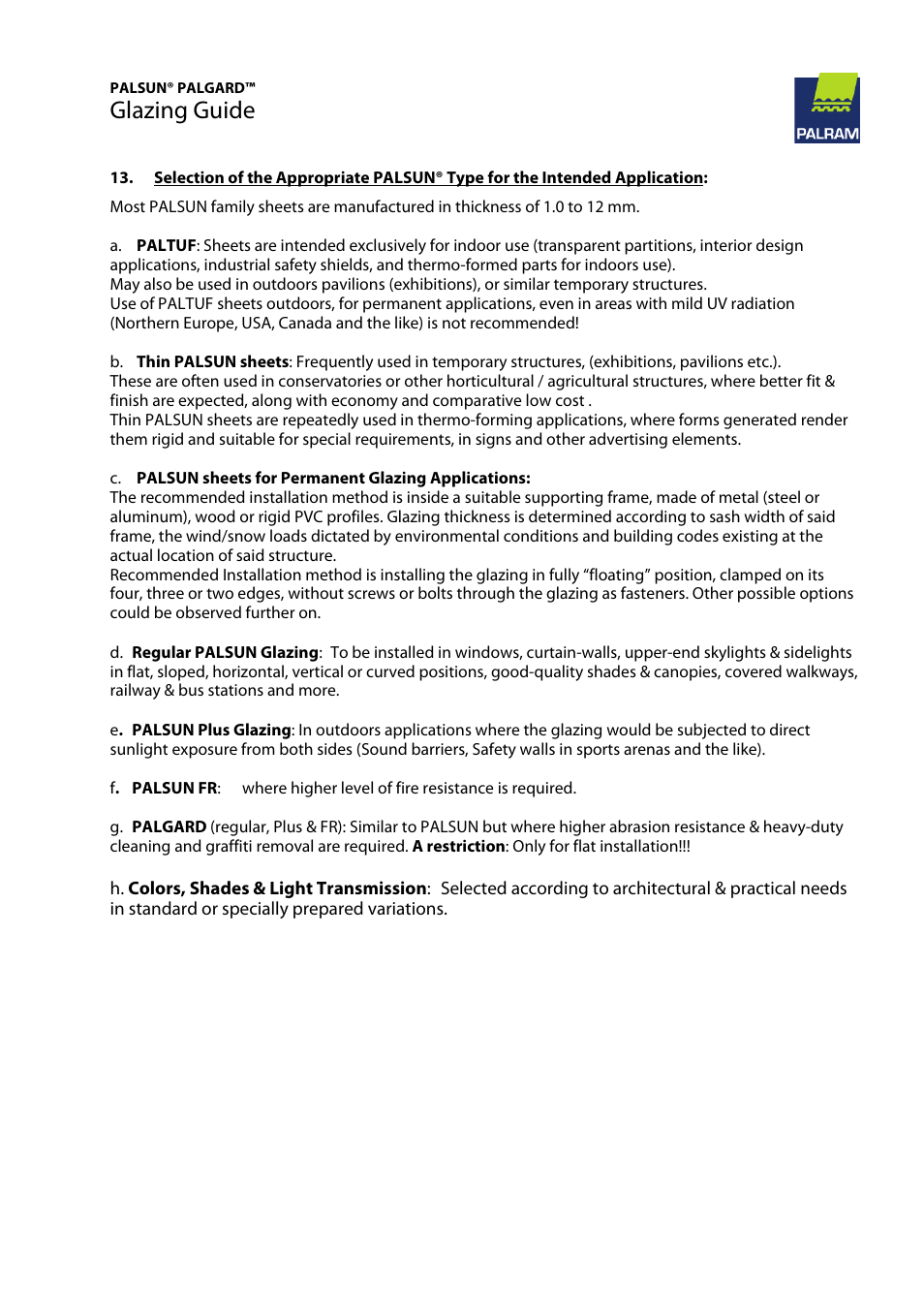 Glazing guide | Palram PALGAR User Manual | Page 14 / 37