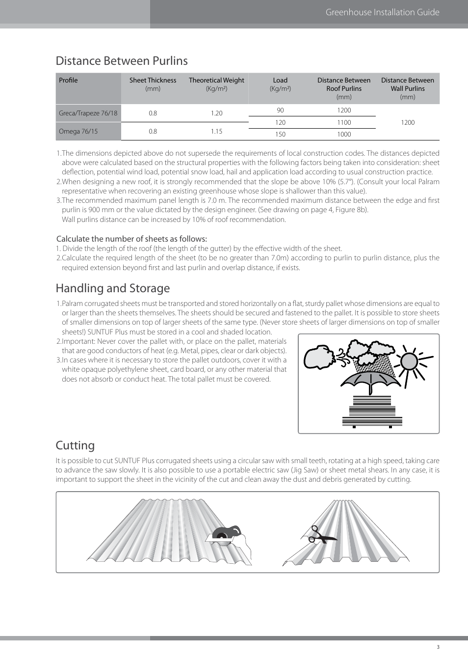 Distance between purlins, Handling and storage, Cutting | Greenhouse installation guide, Calculate the number of sheets as follows | Palram SUNTU Plus User Manual | Page 5 / 11