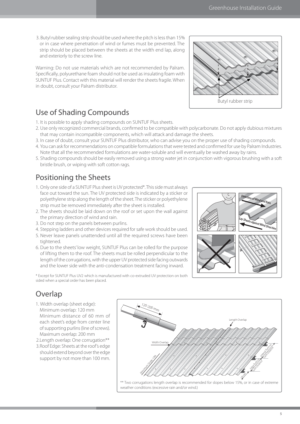 Overlap, Positioning the sheets, Use of shading compounds | Greenhouse installation guide, Butyl rubber strip | Palram SUNTU Plus User Manual | Page 7 / 11
