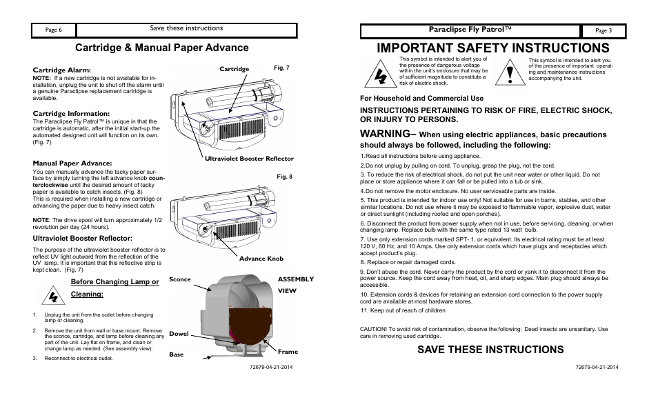 Important safety instructions, Cartridge & manual paper advance, Warning | Save these instructions | Paraclipse Paraclips Fly Patro User Manual | Page 3 / 4